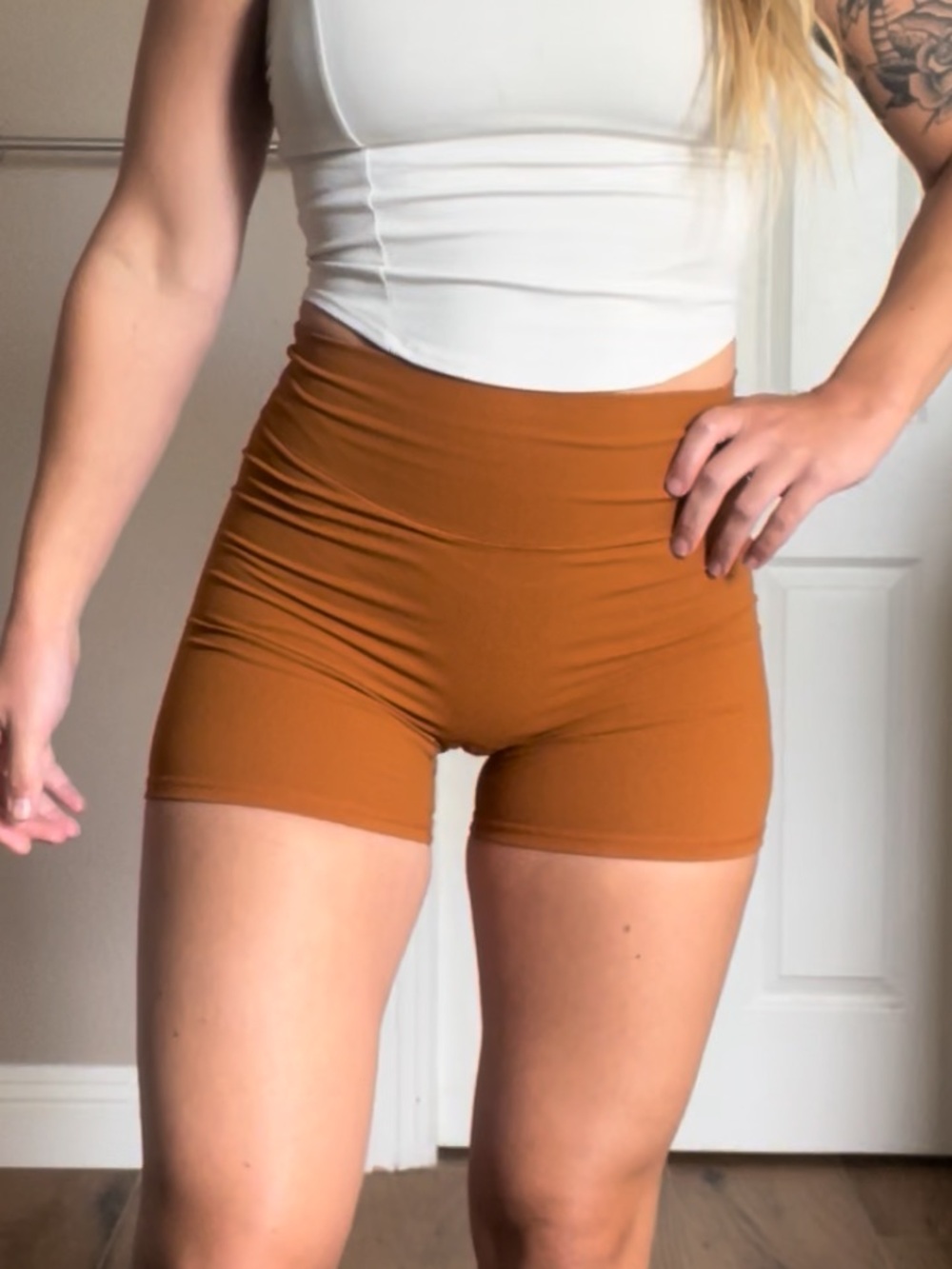 High-Waist Athletic Shorts for Women — Rust